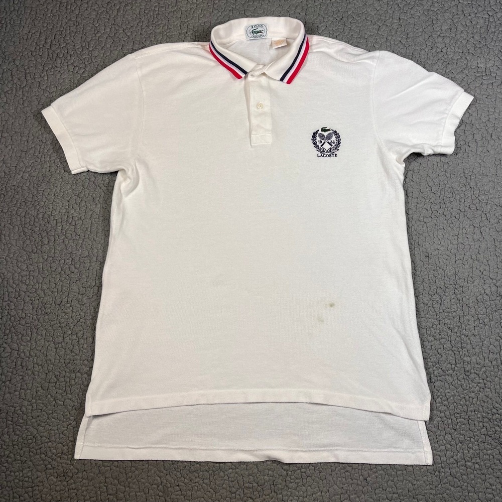 Vintage Izod Lacoste Mens Sz M White Pique Polo Shirt Striped Collar Tennis USA